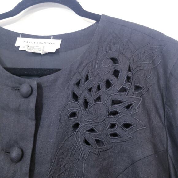 Vintage Nancy Johnson Linen Light Jacket Blouse Laser Cutout Retro - Picture 2 of 10